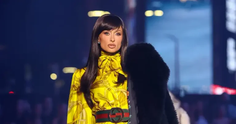 Paris Hilton debuts brunette bangs while walking the Gucci Cruise 2027 runway